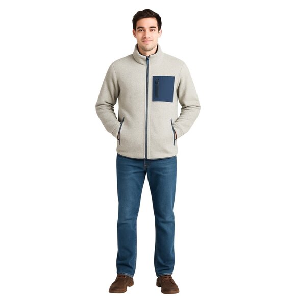 Orvis Mens Sherpa Fleece Jacket Full-Zip Gray With Navy Accents M - Picture 1 of 12